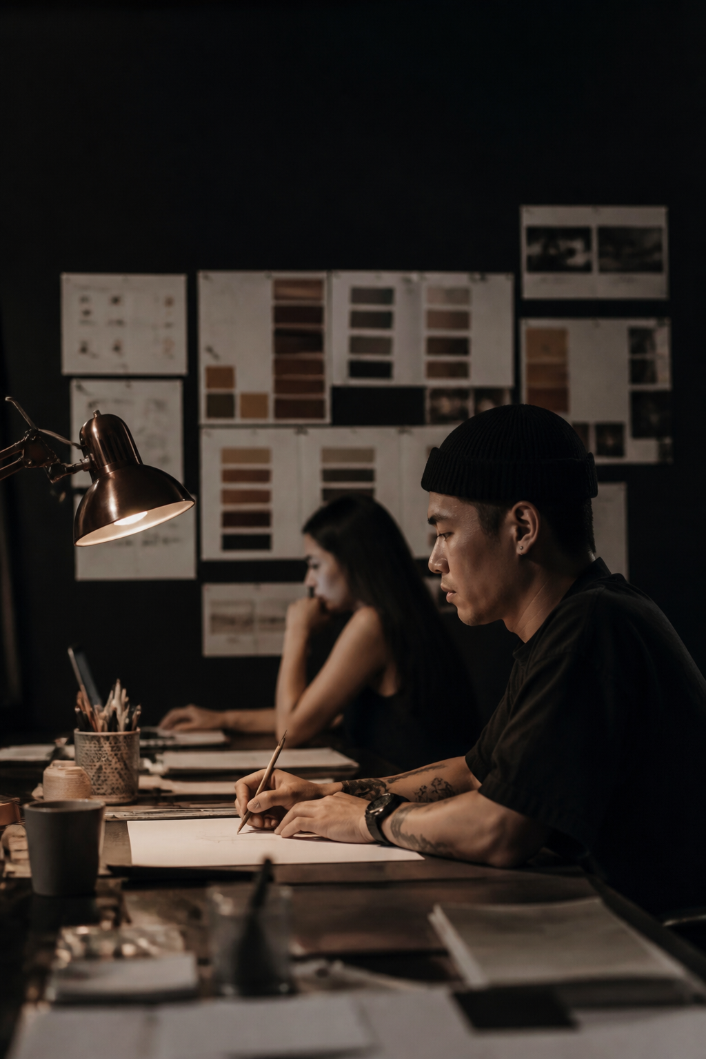 Brand proofs pinned on a studio desk under warm lamp light