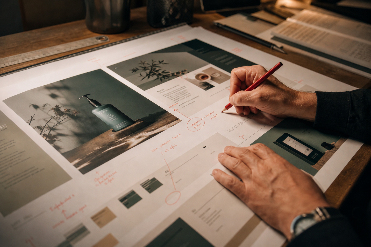 Designer marking corrections on a brand proof