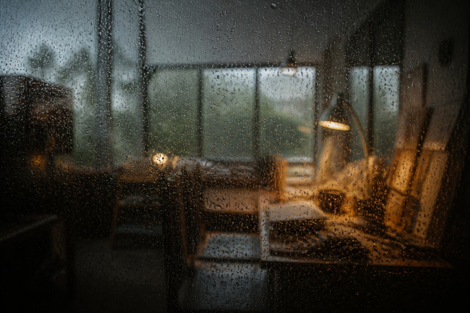 Rain on the studio window during a working afternoon