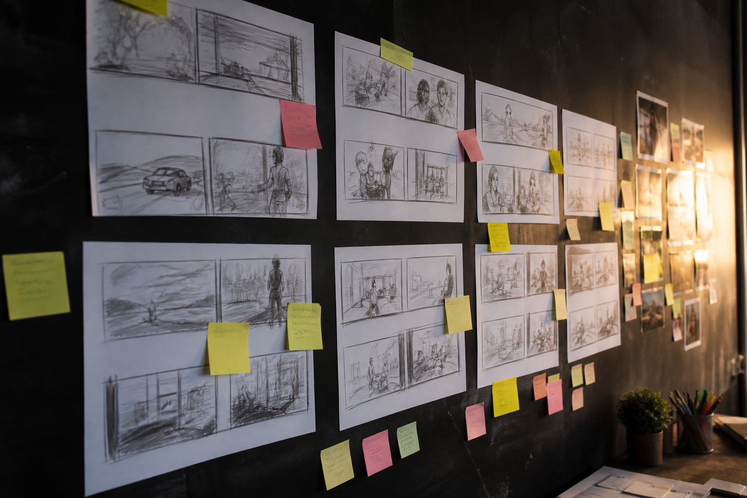 Campaign storyboard pinned in the studio