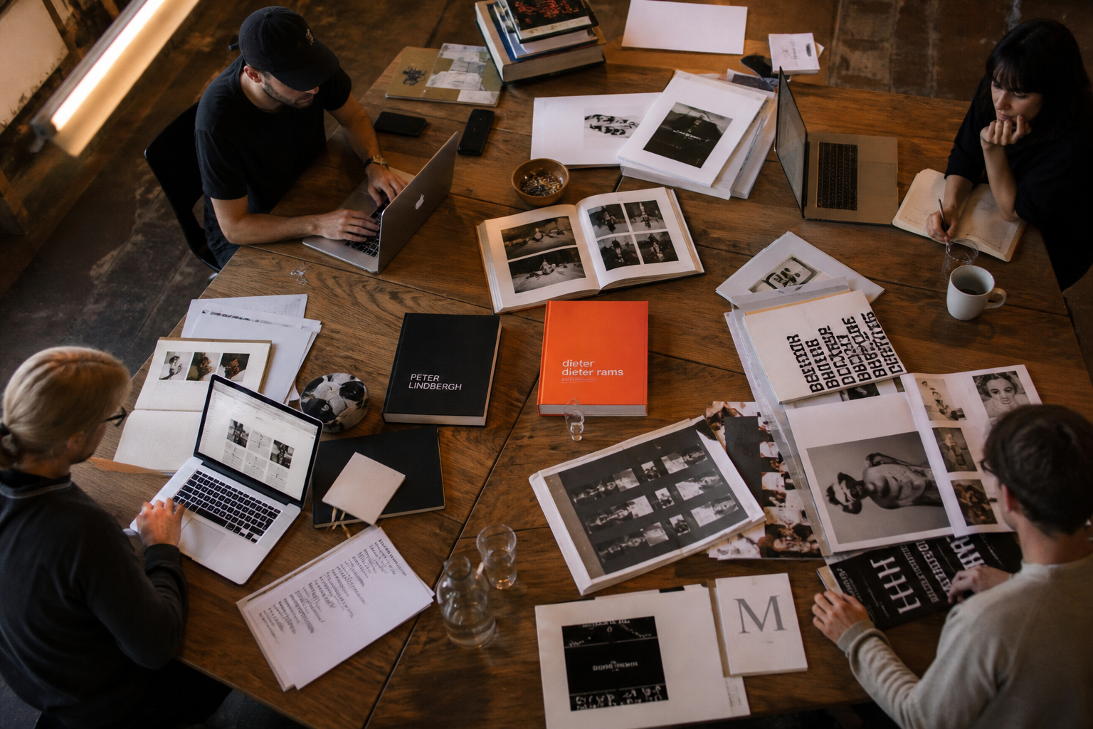 Overhead view of long studio desk